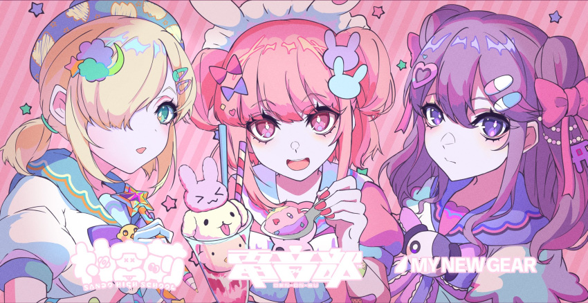 3girls, :d, aiuebu, beret, blonde_hair, blue_eyes, blue_sailor_collar, bow