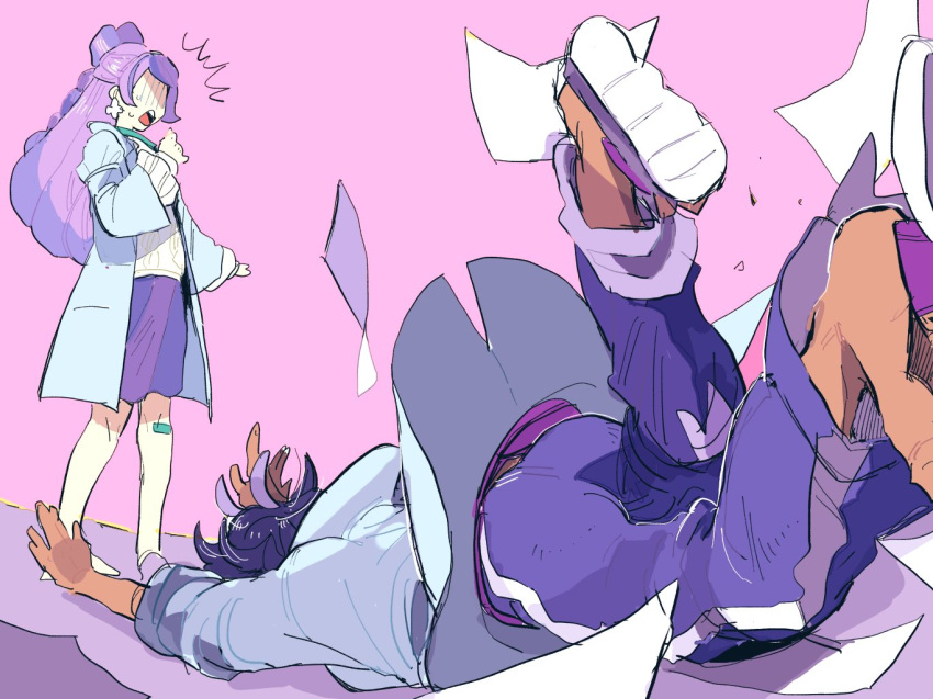 1boy, 1girl, bow-shaped_hair, coat, earrings, falling, flower_earrings, jacq_(pokemon)