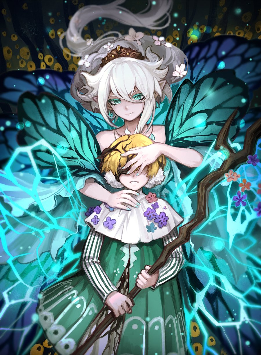 1boy, 1girl, axe, blonde_hair, butterfly_wings, capelet, covering_another's_eyes, crown