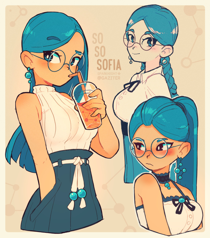 1girl, absurdres, blue-framed_eyewear, blue_eyes, blue_hair, breasts, character_name, cup
