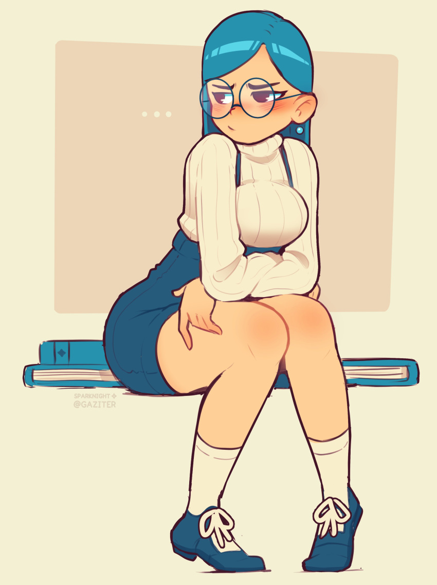 ..., 1girl, absurdres, blue-framed_eyewear, blue_footwear, blue_hair, blue_overalls, blue_shorts