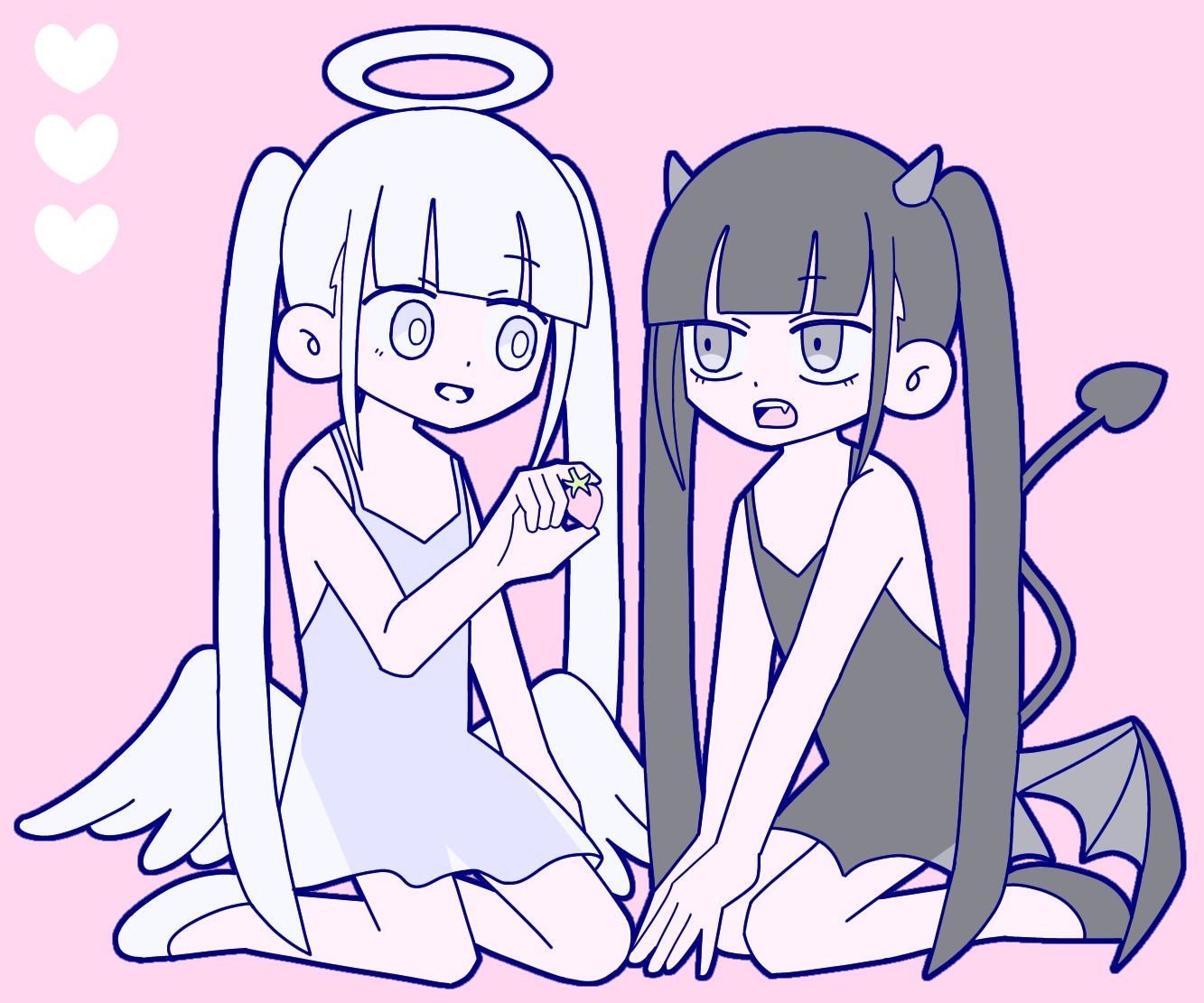 2girls, angel, angel_wings, black_dress, black_eyes, black_footwear, black_hair, black_horns
