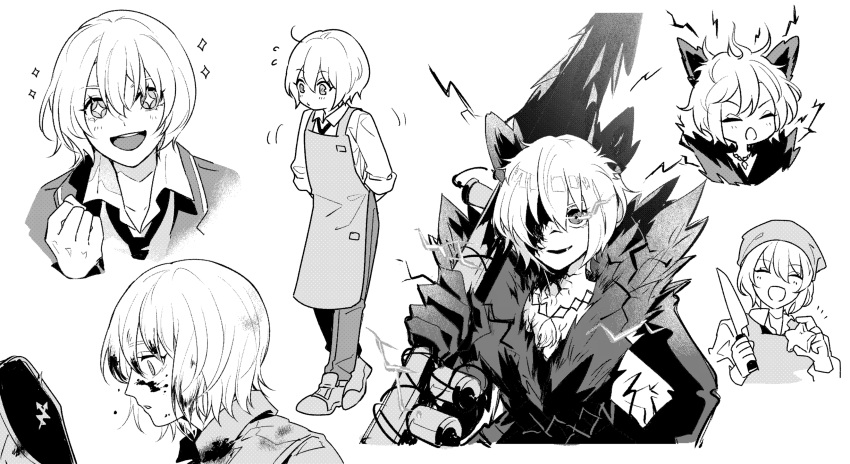 1girl, absurdres, animal_ears, apron, coat, don_quixote_(project_moon), e.g.o_(project_moon), greyscale