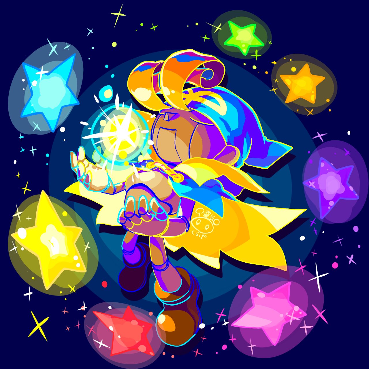 1boy, arched_back, blue_cape, blue_headwear, brown_footwear, cape, closed_eyes, closed_mouth, denkikurage1105, doll_joints, geno_(mario), hat, highres, joints, orange_hair, pointy_hat, puppet, shoes, smile, sparkle, star_(symbol), super_mario_bros., super_mario_rpg, two-tone_cape, yellow_cape