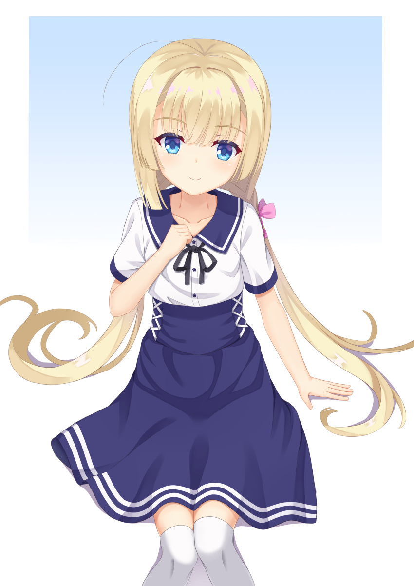 1girl, absurdres, ahoge, arm_at_side, ayabanka, black_ribbon, blonde_hair, blue_background