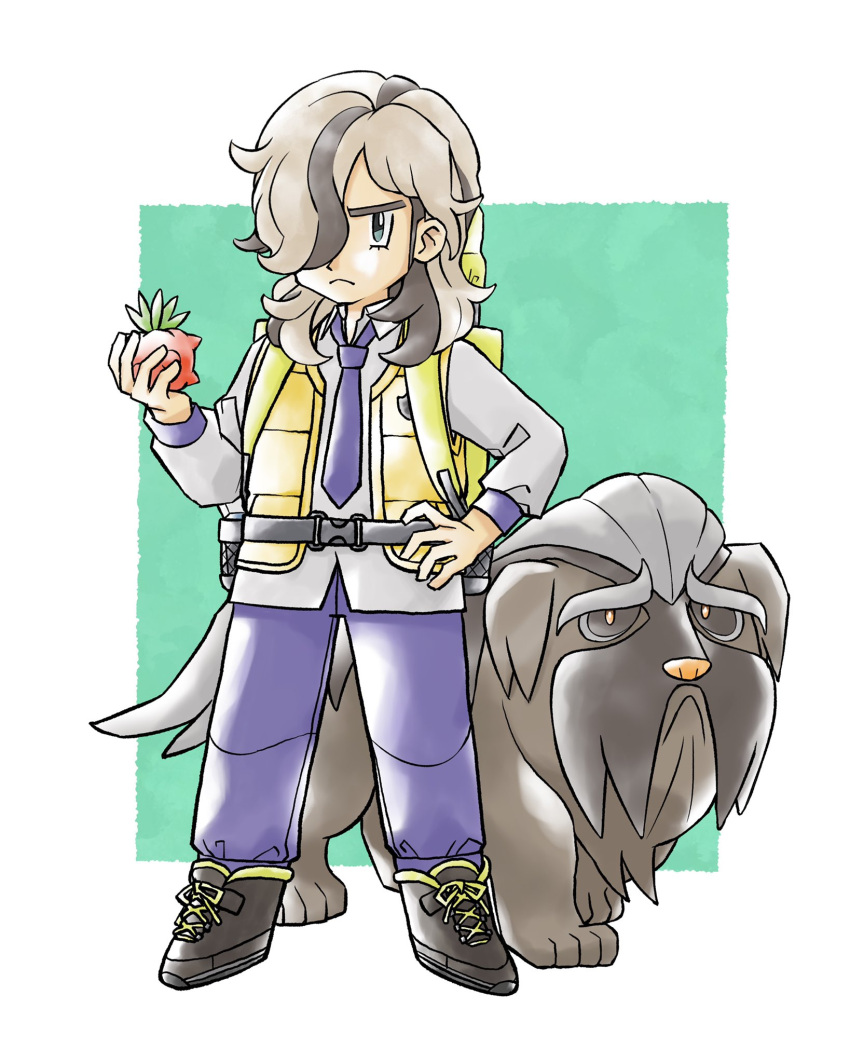 1boy, arven_(pokemon), berry_(pokemon), brown_hair, collared_shirt, door_scope, food, green_eyes