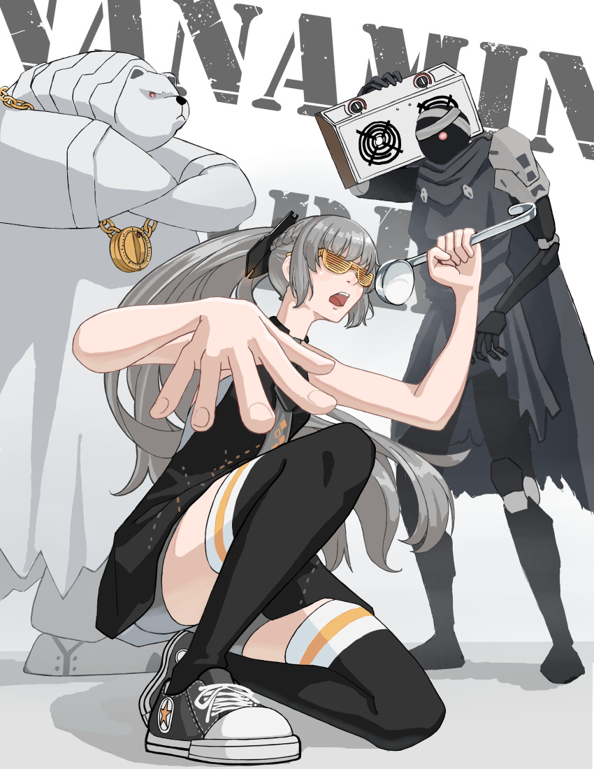 1girl, 2others, absurdres, bandaged_head, bandages, bare_arms, bear, black_dress, black_thighhighs, braid, character_name, character_request, crossed_arms, dress, english_commentary, french_braid, glasses, glowing, glowing_eye, gold_necklace, grey_hair, grey_robe, highres, humanoid_robot, jewelry, joints, ladle, long_hair, martin_(punishing:_gray_raven), multiple_others, nanami:_pulse_(punishing:_gray_raven), nanami_(punishing:_gray_raven), necklace, non-humanoid_robot, open_mouth, ponytail, punishing:_gray_raven, robe, robot, sidelocks, sleeveless, sleeveless_dress, soup_ladle, stereo, teeth, thigh-highs, trashpanda_11b, upper_teeth_only, very_long_hair