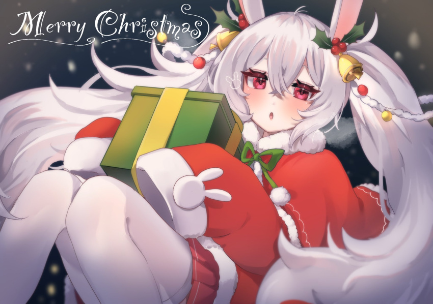 1girl, animal_ears, azur_lane, bell, blush, box, christmas, crossed_bangs