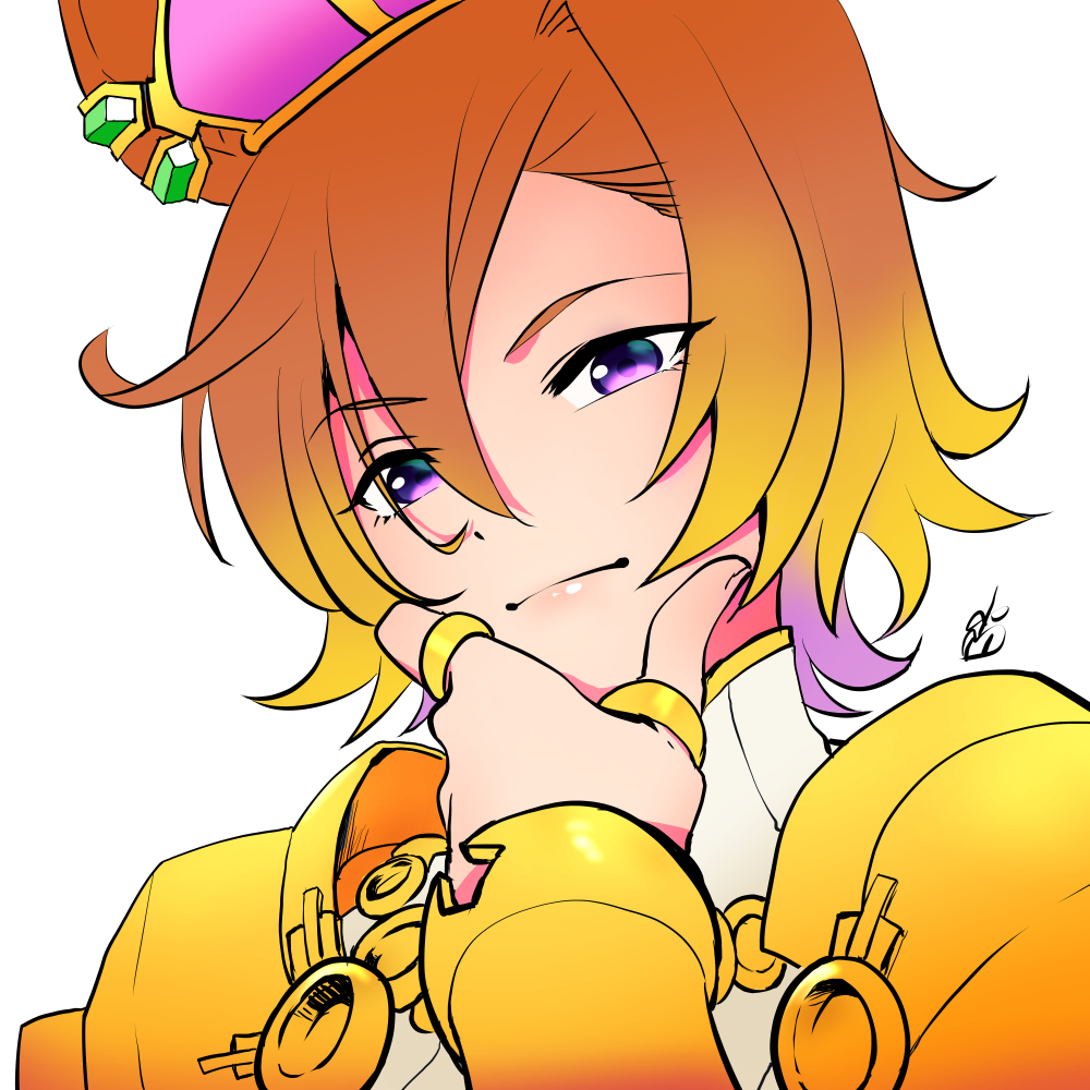 1girl, animal_ears, armor, artist_logo, bird, closed_mouth, crow, hair_between_eyes, hand_on_own_chin, hand_up, horse_ears, jewelry, multiple_rings, nishioki_tama, orange_hair, portrait, ring, shirt, short_hair, shoulder_armor, simple_background, smile, solo, stroking_own_chin, t.m._opera_o_(umamusume), umamusume, violet_eyes, white_background, white_shirt