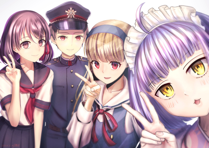 1boy, 3girls, absurdres, ahoge, artist_name, atori_haruto, black_headwear, black_skirt