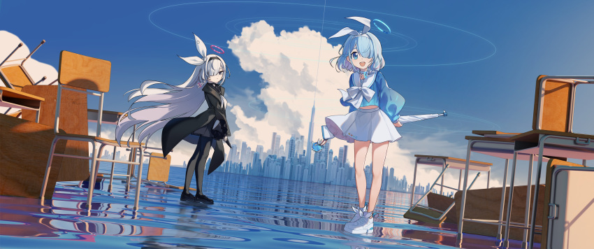 2girls, absurdres, arona_(blue_archive), black_coat, black_eyes, black_footwear, black_hairband, black_pantyhose