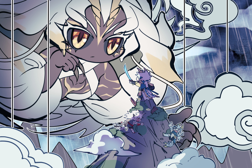 1girl, 3boys, amatsumagatsuchi, black_sclera, blonde_hair, brown_claws, cape, closed_mouth