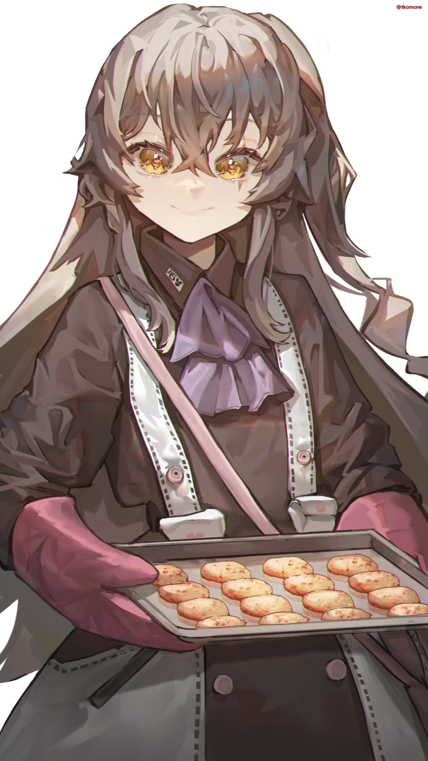 1girl, ascot, black_dress, brown_hair, dress, food, girls_frontline, hair_between_eyes