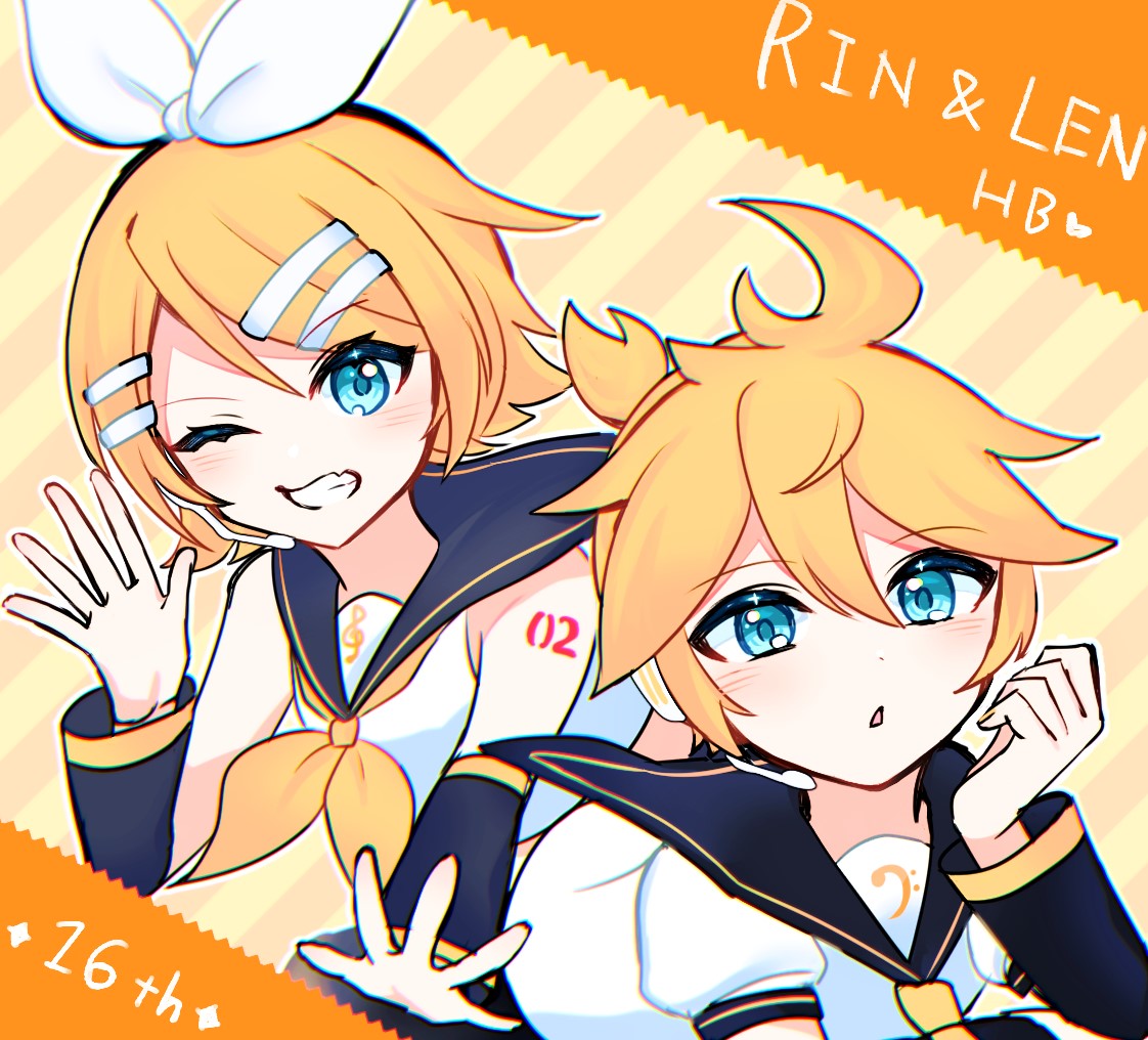1boy, 1girl, anniversary, arm_warmers, black_sailor_collar, blonde_hair, blue_eyes, bow