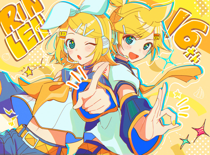 1boy, 1girl, :d, :o, absurdres, anniversary, arm_warmers, black_sailor_collar, black_shorts, blonde_hair, blue_eyes, bow, character_name, hair_bow, hair_ornament, hairclip, hand_gesture, headphones, headset, highres, kagamine_len, kagamine_rin, neckerchief, necktie, number_hair_ornament, open_mouth, pointing, pointing_at_viewer, sailor_collar, shirt, short_hair, short_ponytail, shorts, siblings, smile, sparkle, star_(symbol), taro14_tea, twins, vocaloid, white_bow, white_shirt, yellow_background, yellow_neckerchief, yellow_necktie