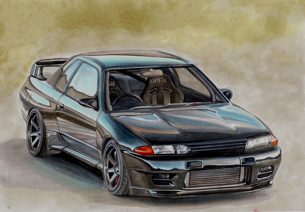 black_car, car, colored_pencil_(medium), motor_vehicle, nissan, nissan_skyline, nissan_skyline_gt-r, nissan_skyline_r32