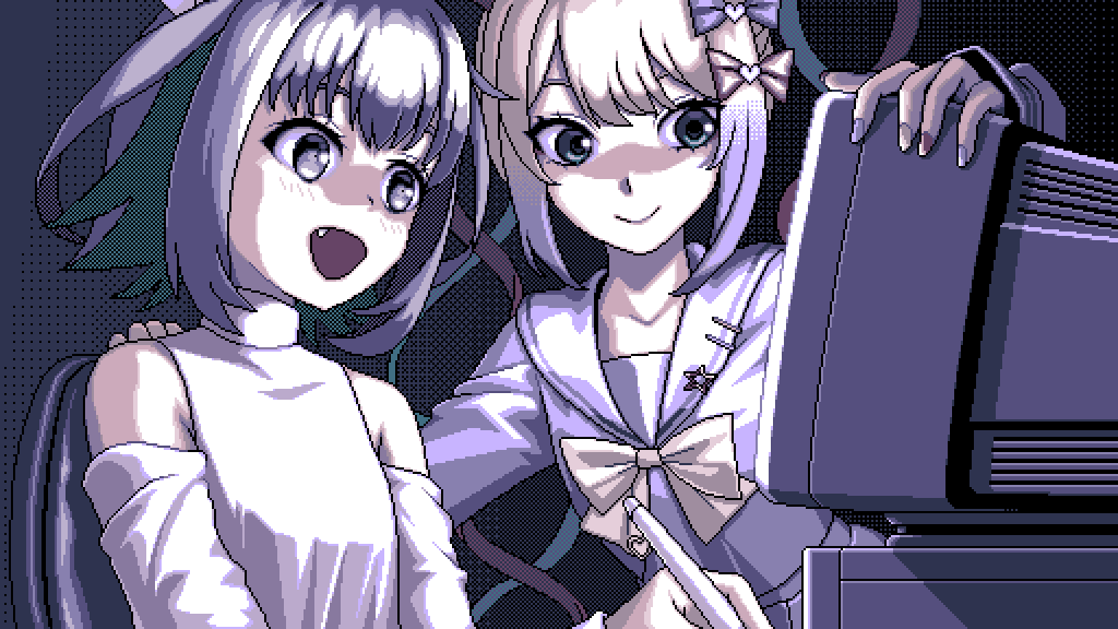 16bit_sensation, 2girls, akisato_konoha, bare_shoulders, black_hair, blue_hair, blue_nails, bow