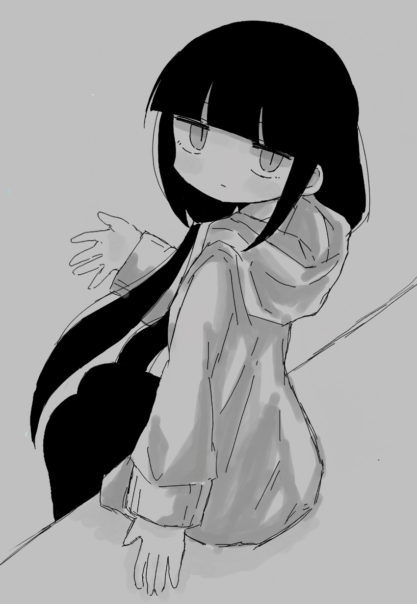 1girl, absurdres, black_hair, black_thighhighs, expressionless, grey_background, hand_up, highres