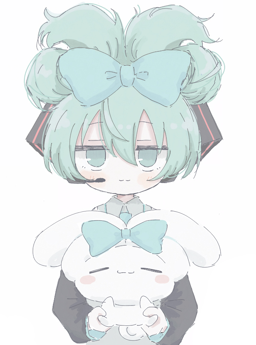 1girl, :3, absurdres, animal, aqua_bow, aqua_eyes, aqua_hair, aqua_necktie