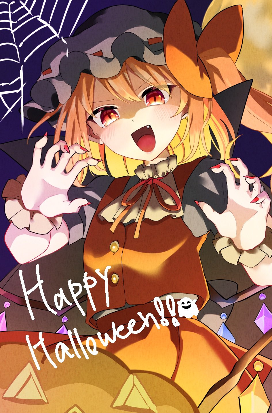 1girl, :d, alternate_costume, blonde_hair, blush, bow, claw_pose, commentary