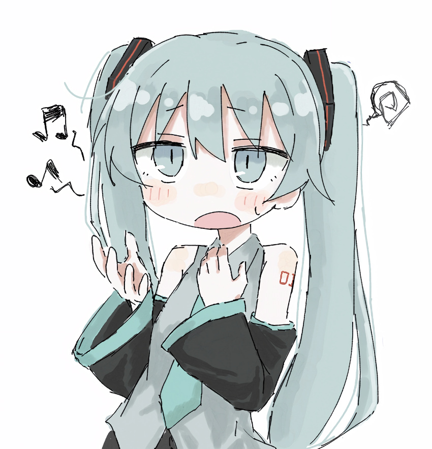 1girl, aqua_eyes, aqua_hair, aqua_necktie, arm_tattoo, black_sleeves, blush, chibi