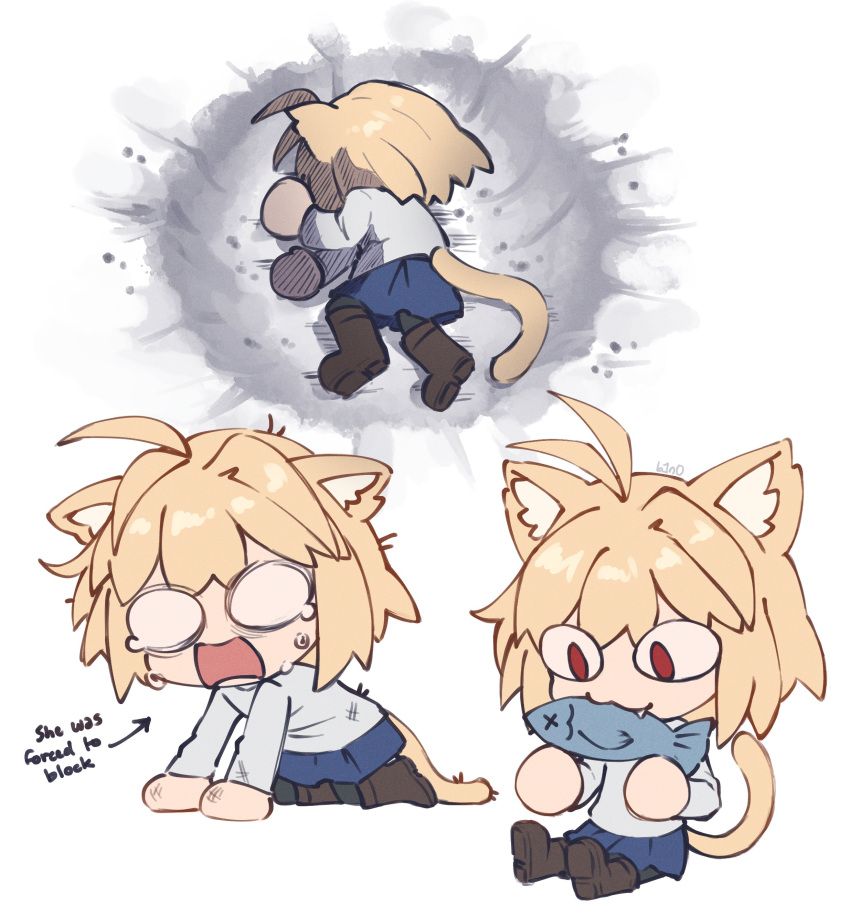 1girl, :3, absurdres, ahoge, animal, animal_ear_fluff, animal_ears, arrow_(symbol), b1n04, blonde_hair, blue_skirt, boots, brown_footwear, cat_ears, cat_girl, cat_tail, chibi, crater, dragon_ball, eating, english_text, fish, full_body, highres, holding, holding_animal, holding_fish, kneeling, long_sleeves, lying, meme, multiple_views, neco-arc, neco_spirit, on_side, open_mouth, red_eyes, short_hair, simple_background, sitting, skirt, smile, sweater, tail, tsukihime, white_background, white_sweater, yamcha_pose_(meme)