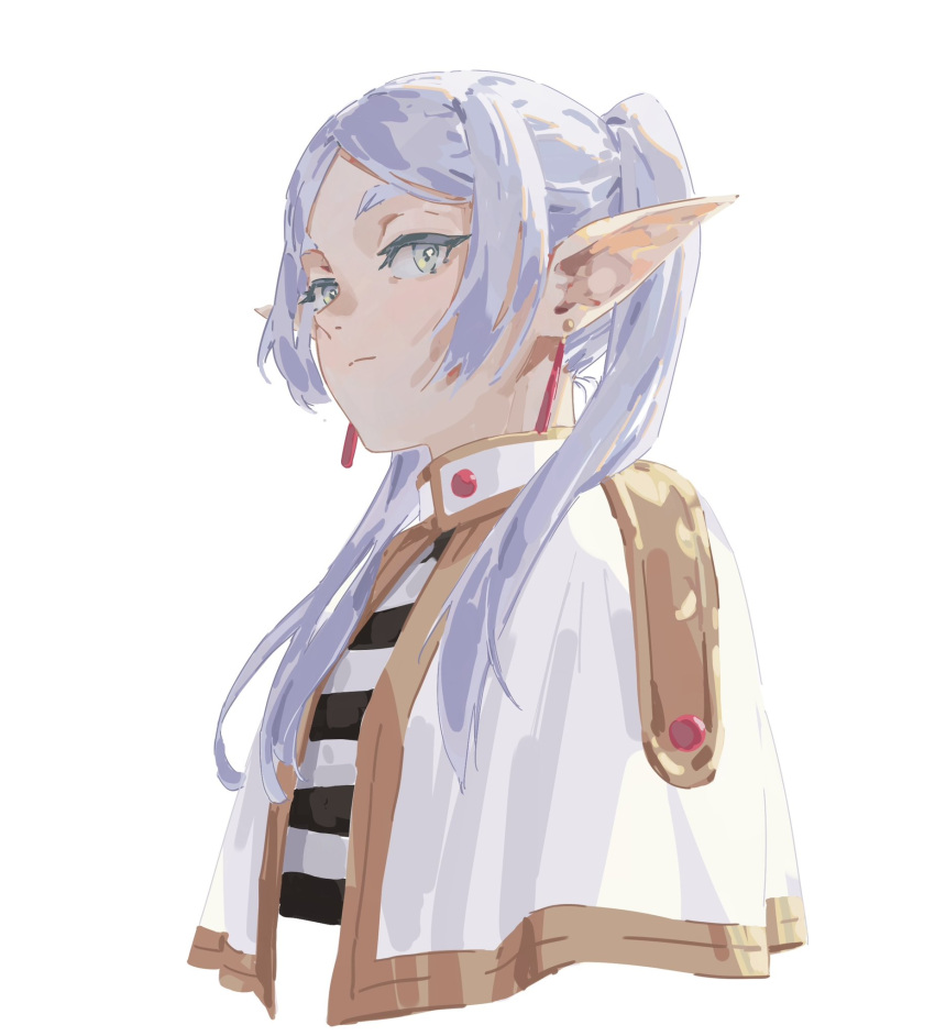 1girl, capelet, closed_mouth, cropped_torso, dangle_earrings, drop_earrings, earrings, elf