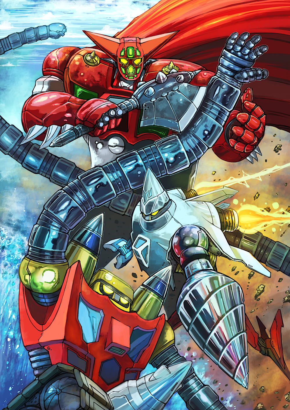 axe, cape, drill, gattai, getter-1, getter-2, getter-3, getter_robo, getter_robo_(1st_series), highres, holding, holding_weapon, ishikawa_ken_(illustrated), ishikawa_ken_(style), mecha, multiple_robots, no_humans, robot, science_fiction, super_robot, tomahawk, weapon, yamanushi