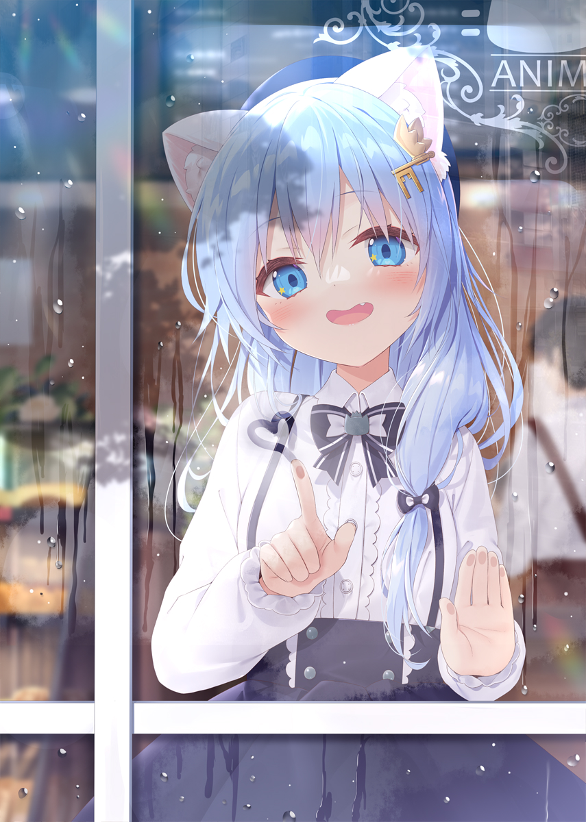 1girl, against_glass, animal_ear_fluff, animal_ears, black_bow, black_bowtie, black_skirt, blue_eyes, blue_hair, blush, bow, bowtie, cat_ears, center_frills, collared_shirt, commentary, condensation, cowboy_shot, fang, frilled_shirt, frills, from_outside, glass_writing, hair_between_eyes, hair_ornament, hand_on_glass, hand_on_window, hands_up, highres, key_hair_ornament, long_hair, long_sleeves, looking_at_viewer, looking_outside, maid, mint_(uchi_no_pet_jijou), open_mouth, shirt, skirt, smile, solo, standing, star_(symbol), star_in_eye, symbol-only_commentary, symbol_in_eye, uchi_no_pet_jijou, white_shirt, window, window_fog, yano_mitsuki_(nanairo)