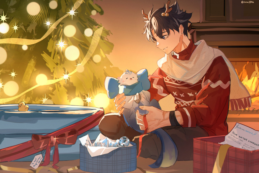 1boy, absurdres, animal, antlers, artist_name, bell, black_hair, blue_eyes