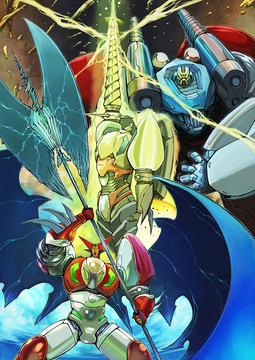 drill, gattai, getter_robo, highres, ishikawa_ken_(illustrated), ishikawa_ken_(style), mecha, multiple_robots
