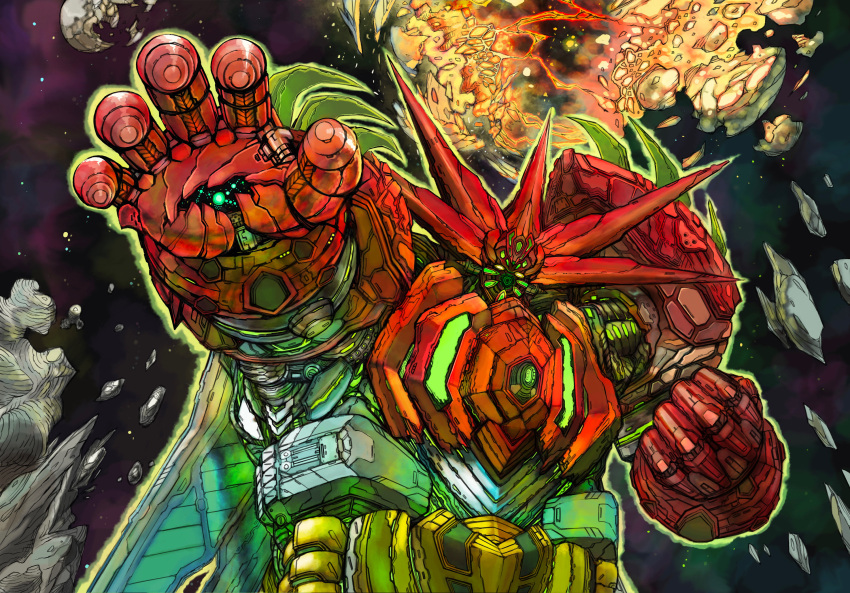 debris, gattai, getter_emperor, getter_robo, glowing, glowing_eyes, highres, horns