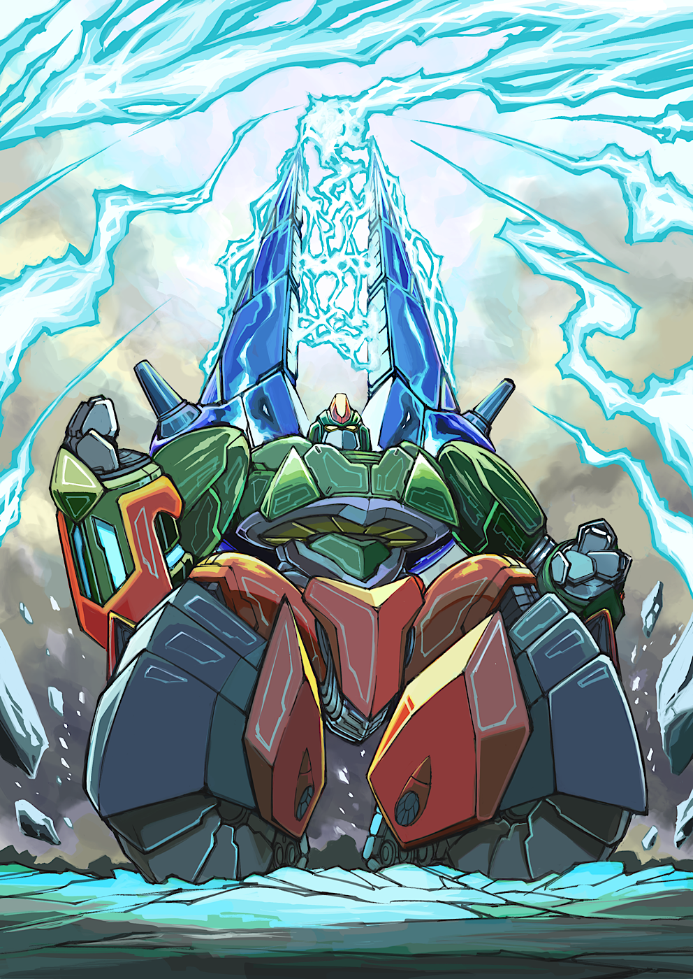 caterpillar_tracks, dengeki, electricity, energy_cannon, gattai, getter_robo, getter_robo_go, highres