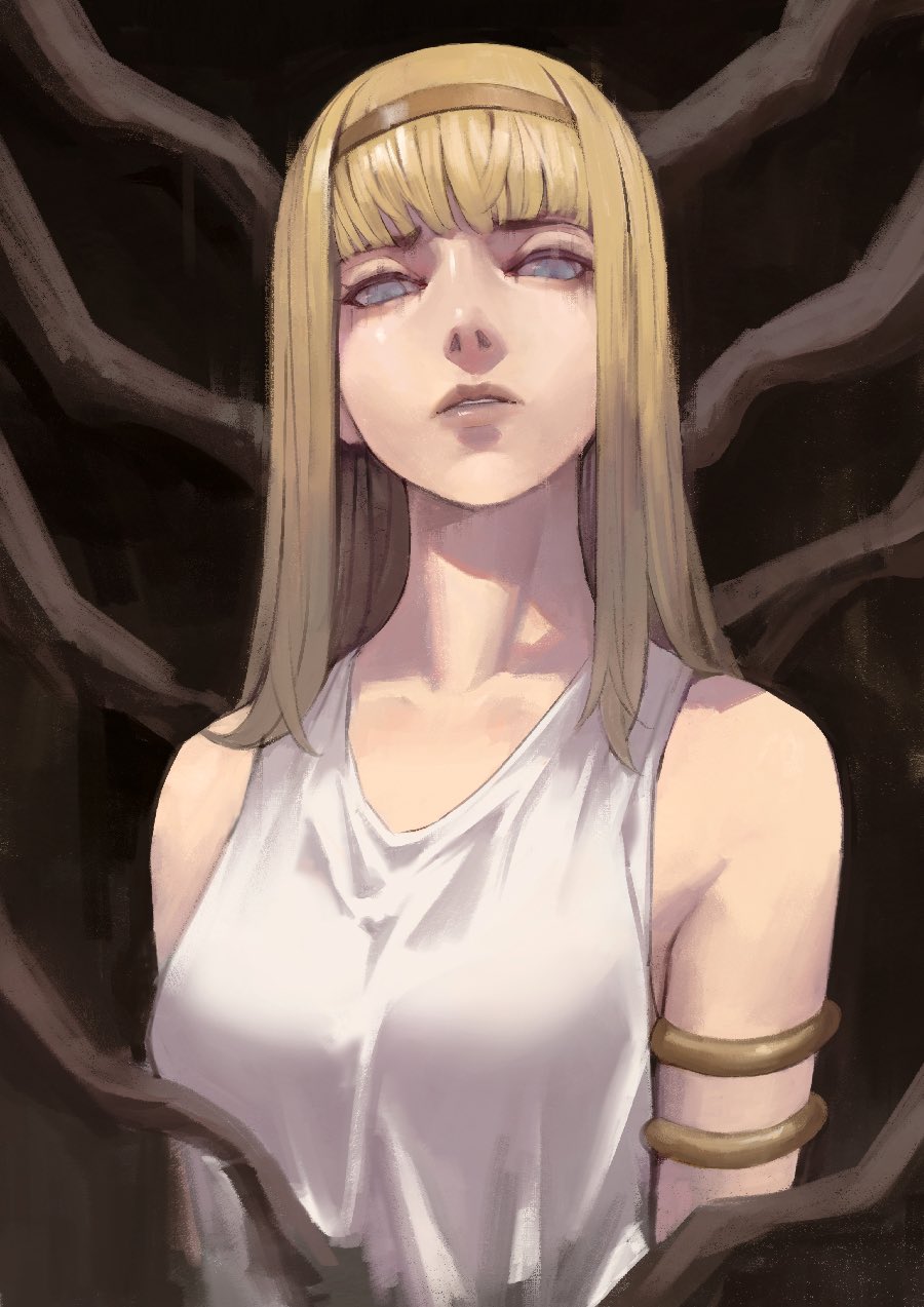 1girl, blonde_hair, blue_eyes, clenched_teeth, hairband, highres, looking_at_viewer, medium_hair, phamoz, shingeki_no_kyojin, shirt, teeth, white_shirt, ymir_fritz