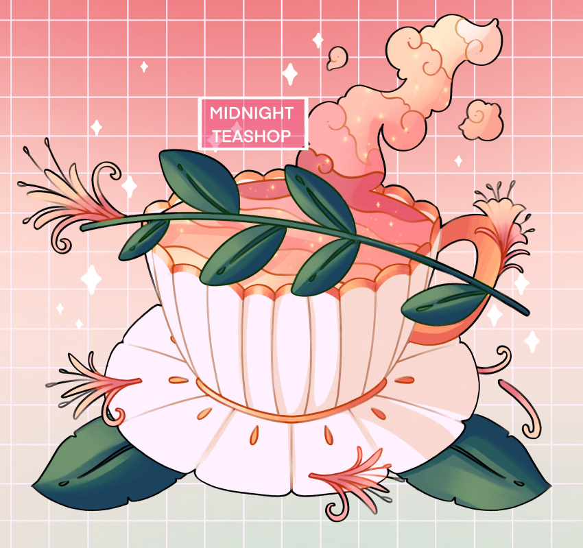absurdres, commentary, cup, english_commentary, flower, food_focus, gradient_background, green_background, grid_background, highres, honeysuckle, leaf, megan_koch, no_humans, orange_flower, original, red_background, saucer, sparkle, steam, tea, teacup, watermark