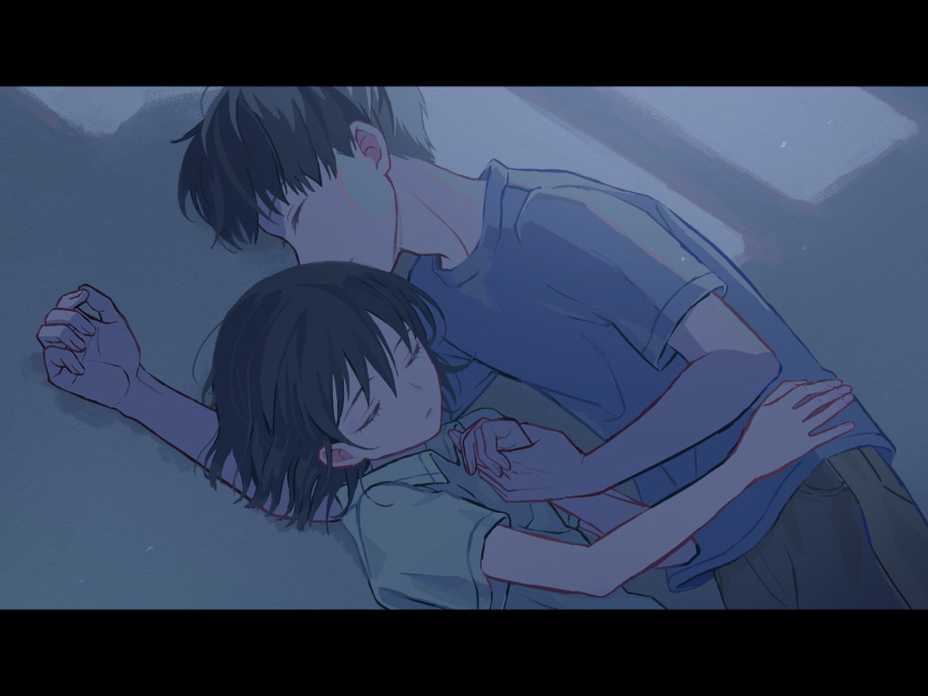 1boy, 1girl, black_hair, black_pants, blue_shirt, character_request, check_character, closed_eyes