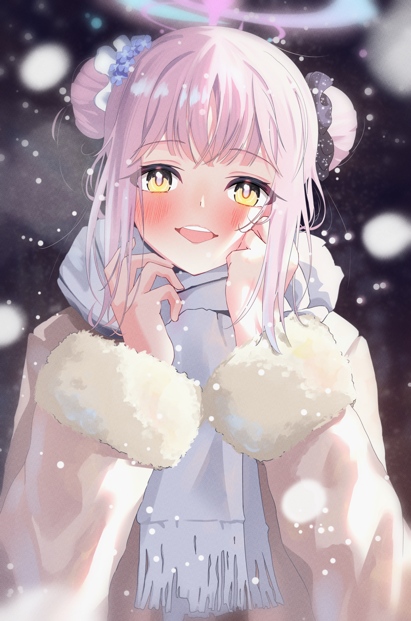 1girl, blue_archive, blush, coat, double_bun, fur-trimmed_sleeves, fur_trim, hair_bun
