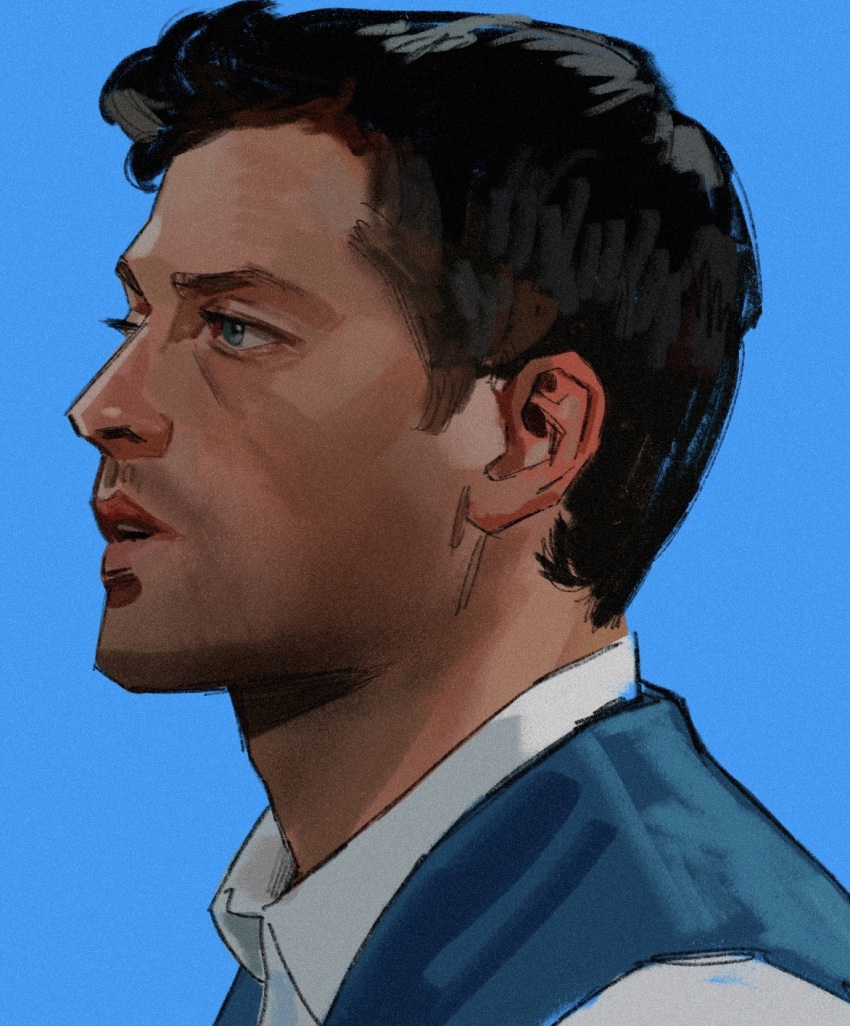 1boy, beard_stubble, black_hair, blue_background, blue_eyes, castiel, derivative_work, english_commentary