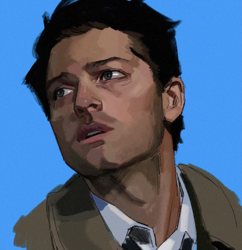 1boy, beard_stubble, black_hair, blue_background, blue_eyes, castiel, cleft_chin, coat, derivative_work, english_commentary, highres, male_focus, mature_male, parted_lips, rozavay, screencap_redraw, short_hair, simple_background, solo, supernatural_(tv_series), trench_coat, upper_body