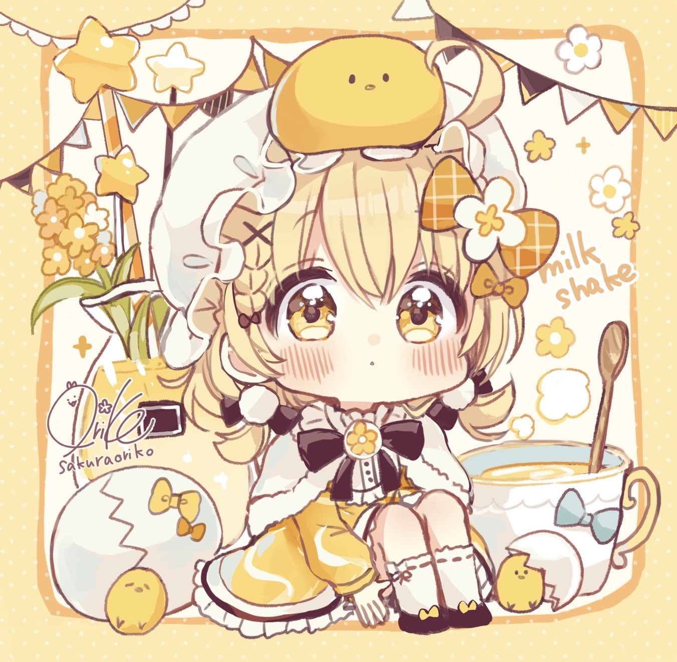 1girl, :o, ahoge, artist_name, black_footwear, blonde_hair, blush, braid