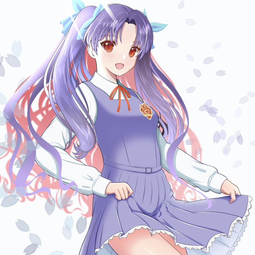 1girl, alternate_costume, alternate_eye_color, alternate_hair_color, bow, commentary_request, fate/grand_order, fate_(series), frilled_skirt, frills, hair_ribbon, highres, holding, holding_clothes, holding_skirt, ishtar_(fate), long_hair, multicolored_hair, open_mouth, purple_hair, red_bow, red_eyes, redeye_tmirm, ribbon, school_uniform, shirt, simple_background, skirt, smile, space_ishtar_(third_ascension)_(fate), twintails, two-tone_hair, white_background, white_shirt