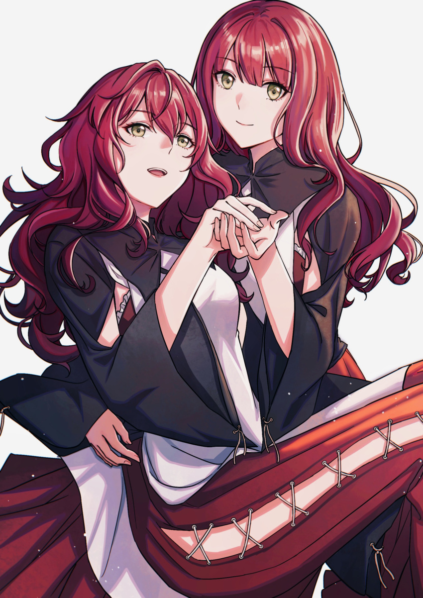 2girls, arm_cutout, black_shrug, blunt_ends, chinese_commentary, commentary, cross-laced_clothes, cross-laced_legwear