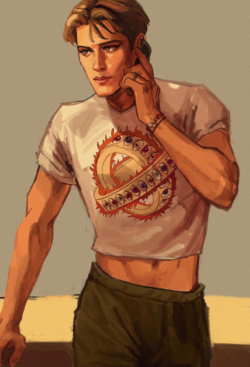 1boy, 2boys, aged_down, bracelet, brown_hair, cellphone, closed_mouth, cowboy_shot