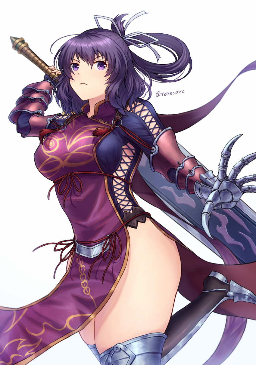 1girl, ao_no_kiseki, armored_shoes, bow-shaped_hair, breasts, bridal_gauntlets, china_dress, chinese_clothes, double-parted_bangs, dress, eiyuu_densetsu, fingerless_gloves, gloves, hair_between_eyes, hajimari_no_kiseki, highres, holding, holding_sword, holding_weapon, huge_weapon, large_breasts, purple_hair, rerecoro, rixia_mao, simple_background, solo, sword, thick_thighs, thighs, twitter_username, violet_eyes, weapon, white_background, zero_no_kiseki