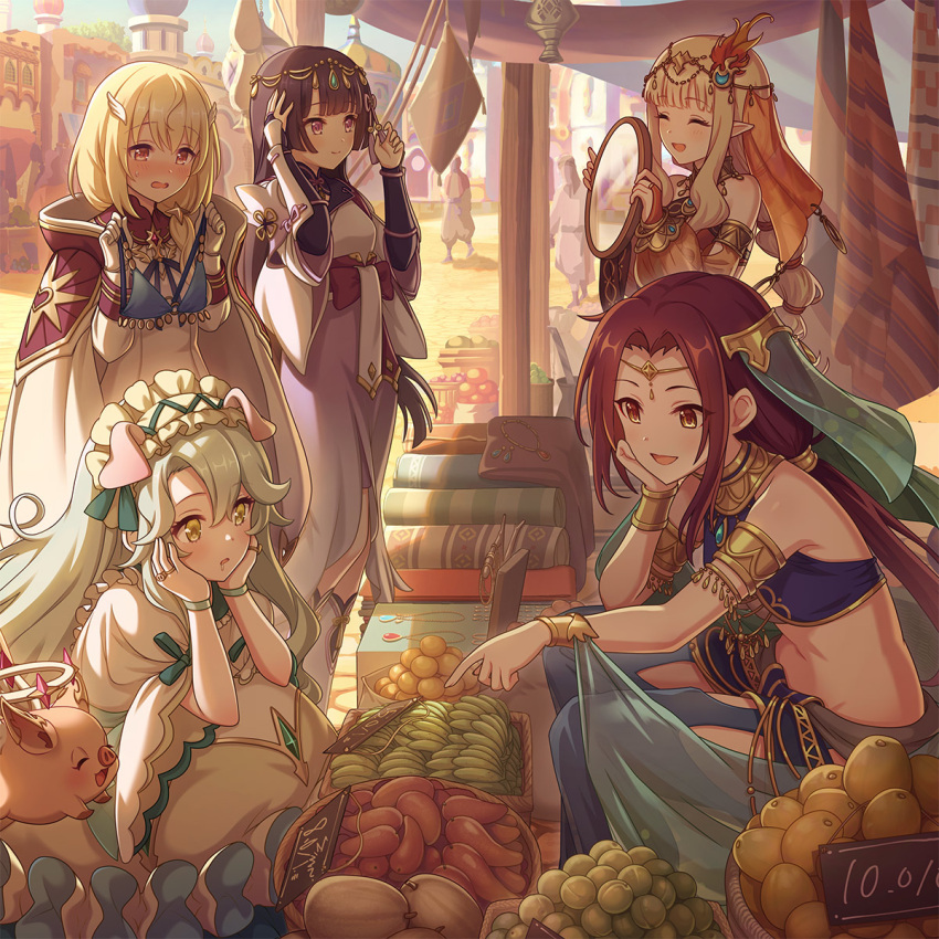 5girls, alternate_costume, alternate_hairstyle, animal_ears, blonde_hair, blurry, blurry_background, blush, brown_hair, carpet, closed_mouth, food, fruit, green_eyes, hands_on_own_cheeks, hands_on_own_face, highres, long_hair, mirror, multiple_girls, official_art, open_mouth, princess_connect!, quria_(princess_connect!), riri_(princess_connect!), saliva, saren_(princess_connect!)