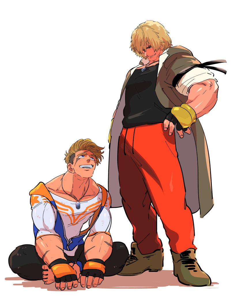 2boys, absurdres, barefoot, black_shirt, blonde_hair, boots, brown_footwear, caxqov