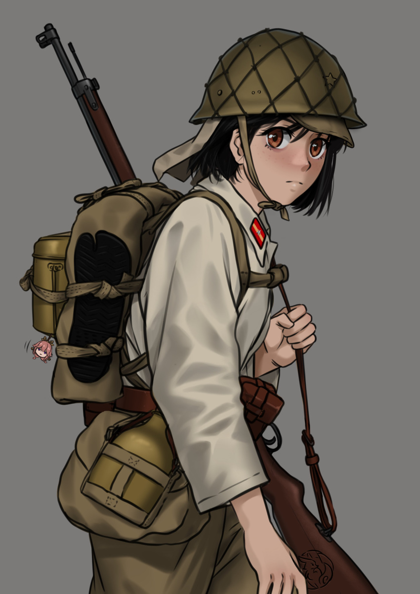 1girl, absurdres, ammunition_pouch, arisaka, backpack, bag, black_hair, bolt_action, brown_eyes, canteen, charm_(object), gun, helmet, highres, holding, holding_weapon, imperial_japanese_army, japan, load_bearing_vest, mardjan, military, military_uniform, pouch, rifle, shirt, tabi, uniform, weapon, white_shirt, world_war_ii, yae_miko