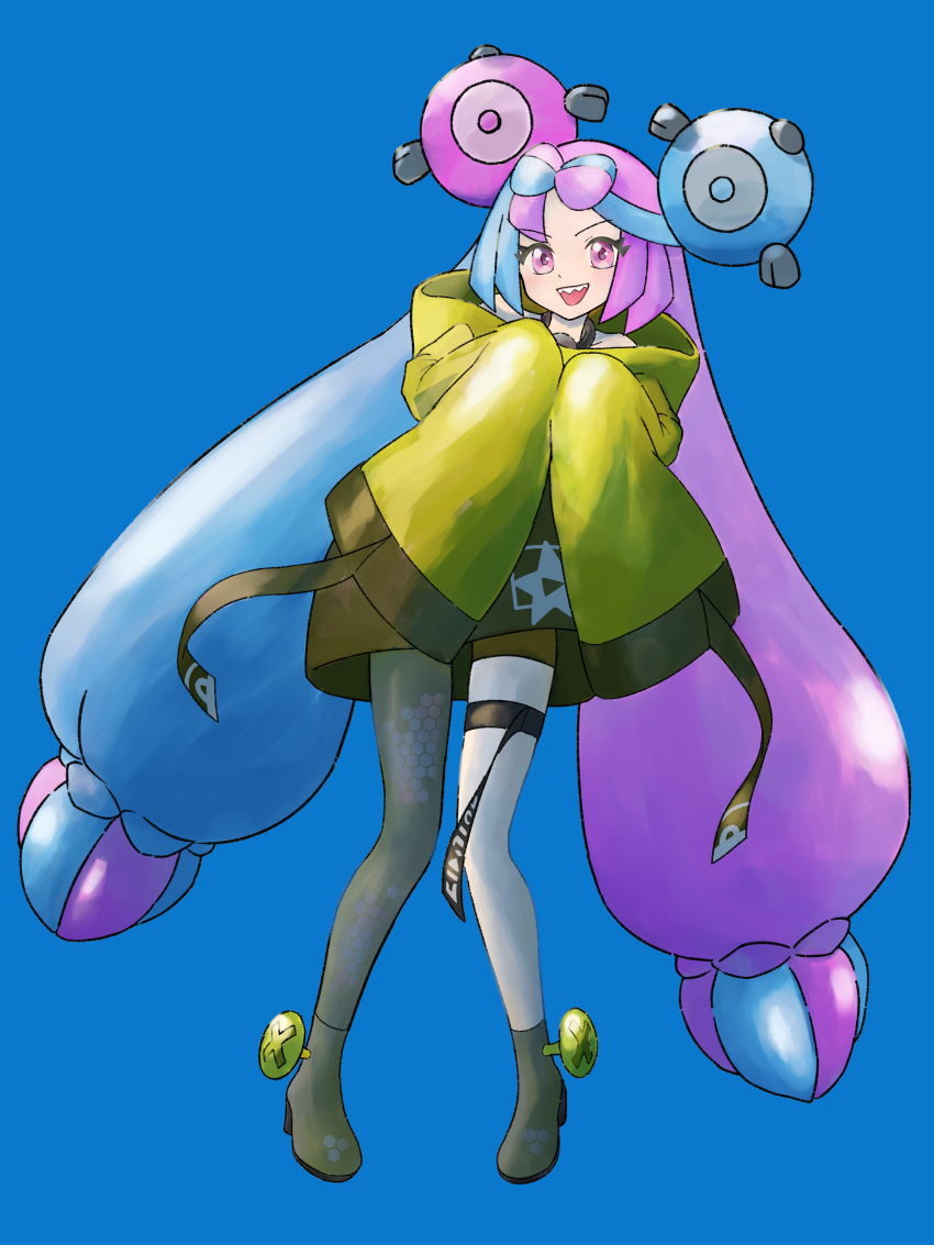1girl, :d, absurdres, blue_background, blue_hair, bow-shaped_hair, character_hair_ornament, full_body, hair_ornament, highres, iono_(pokemon), jacket, long_hair, long_sleeves, looking_at_viewer, mikan_(mikan_no_happa), multicolored_hair, open_mouth, pink_eyes, pink_hair, pokemon, pokemon_sv, sharp_teeth, single_leg_pantyhose, sleeves_past_fingers, sleeves_past_wrists, smile, solo, teeth, thigh_strap, twintails, two-tone_hair, upper_teeth_only, very_long_hair, yellow_jacket