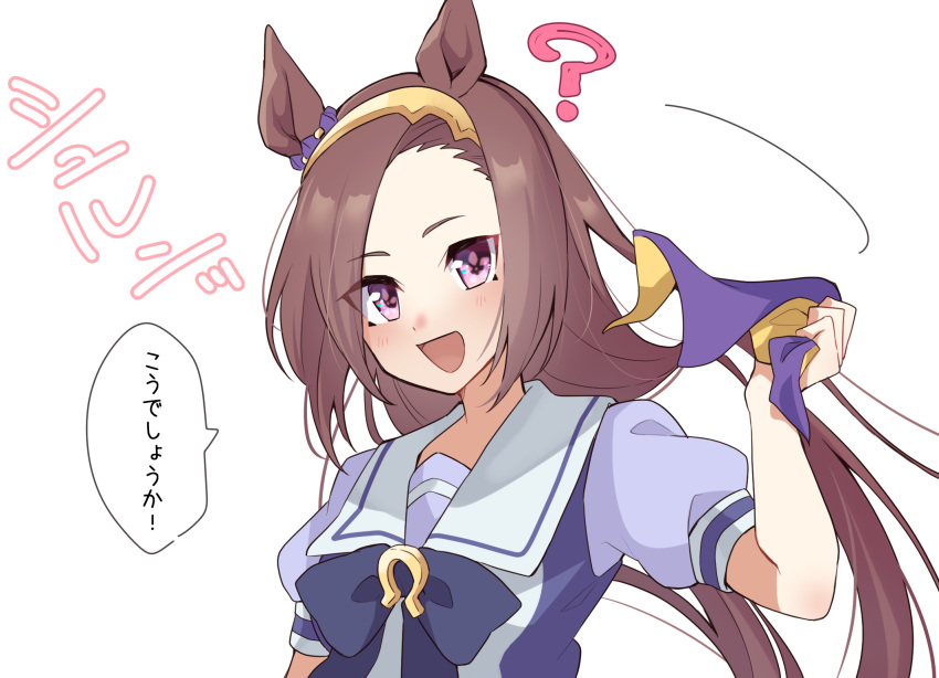 ?, animal_ears, asymmetrical_bangs, bow, bowtie, brown_hair, commentary, daiwa_uho