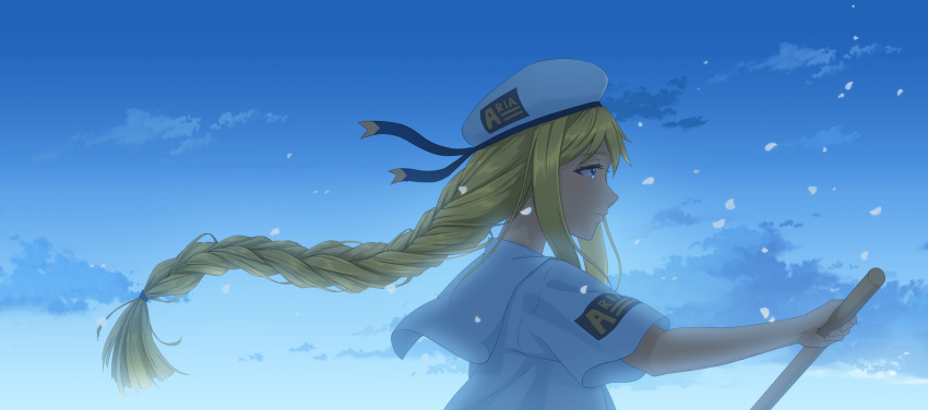 1girl, absurdres, alicia_florence, aria_(manga), aria_company_uniform, beret, blue_background, blue_eyes